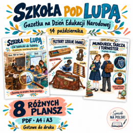 Szkoła pod lupą – gazetka na Dzień Edukacji Narodowej | 8 plansz | A4 i A3