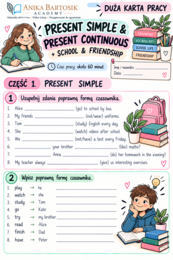 Karty pracy – Present Simple & Present Continuous + School & Friendship | klasa 6