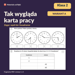 Zegar: wpół do i kwadranse - karta pracy z kluczem | Matematyka, klasa 2 | Wariant A