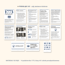 Gazetka na Dzień Edukacji Narodowej 14 października: napis, 10 plansz o Komisji Edukacji Narodowej z osią czasu, portretami i cytatami z Karty Nauczyciela, klasy 4-8 i szkoła ponadpodstawowa