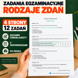Karty pracy - Rodzaje zdań – zadania egzaminacyjne z języka polskiego | Zdania pojedyncze, zdania złożone podrzędnie, zdania złożone współrzędnie, zdania wielokrotnie złożone, równoważnik zdania, imiesłowowy równoważnik zdania