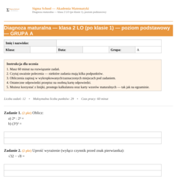 Diagnoza z matematyki – klasa 2 LO (poziom podstawowy)