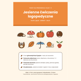 Jesienne ćwiczenia logopedyczne – gimnastyka buzi i języka, oddech, słuch fonematyczny + gra | przedszkole i klasy 1–3