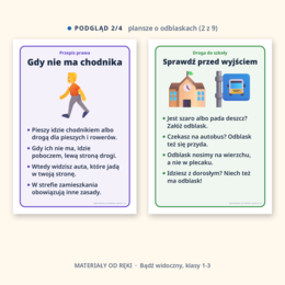 Gazetka Bądź widoczny, noś odblaski: napis, 9 plansz o odblaskach, przepisach dla pieszych i bezpiecznej drodze do szkoły, hasła i dekoracje, klasy 1-3