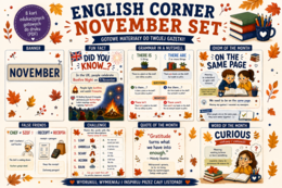 English Corner – LISTOPAD | Zestaw wymiennych kart do gazetki szkolnej | Dekoracja pracowni języka angielskiego PDF