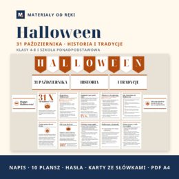 Gazetka na Halloween 31 października: napis, 10 plansz o historii i tradycjach z osią czasu, hasła i karty ze słówkami, klasy 4-8 i szkoła ponadpodstawowa