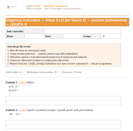 Diagnoza z matematyki – klasa 3 LO (poziom podstawowy)