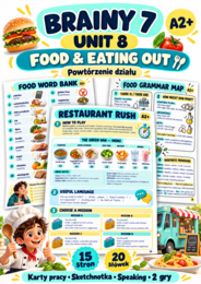 Brainy 7 Unit 8 – Food & Eating Out | Powtórzenie A2+ | Karty pracy i 2 gry