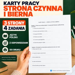 Karty pracy – czasownik - strona czynna i bierna: rozpoznawanie, przekształcanie, uzupełnianie zdań + klucz odpowiedzi [PDF] – język polski, klasa 6, klasa 7, klasa 8, E8