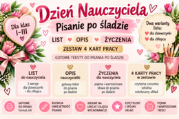 Dzień Nauczyciela – List, życzenia, opis nauczycielki – Pisanie po śladzie – 4 karty pracy