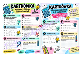 Mnożenie i dzielenie liczb całkowitych – kartkówka klasa 6| Wersja podstawowa + z orzeczeniem | Rozwiązania