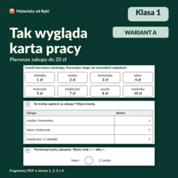 Pierwsze zakupy - liczenie pieniędzy do 20 zł - karta pracy z kluczem | Matematyka, klasa 1 | Wariant A