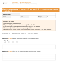 Diagnoza maturalna z matematyki – klasa 4 LO (poziom rozszerzony)
