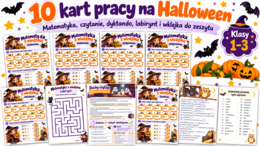 Halloween – 10 kart pracy dla klas 1–3 | Matematyka, dyktando, czytanie, labirynt