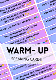 WARM-UP - speaking - zestaw 120 Speaking Cards - paski - questions - pytania - mówienie - angielski - ice-breaker - rozgrzewka - zajęcia grupowe - matura ustna -  do wydrukowania - do zalaminowania - B2 - .pdf