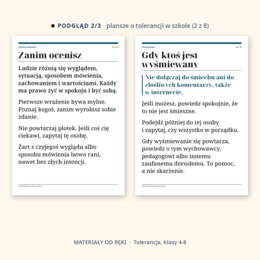 Gazetka na Międzynarodowy Dzień Tolerancji 16 listopada: napis, 8 plansz o tolerancji w szkole, hasła i karty ze zwrotami, klasy 4-8