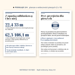 Gazetka Bądź widoczny, noś odblaski: napis, 10 plansz o widoczności pieszych, przepisach i dobrych radach, hasła i karty, klasy 4-8