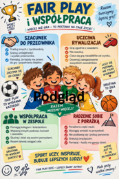 Infografiki zasady gier zespołowych, fair play, pierwsza pomoc, rozciąganie po wysiłku, regulamin WF