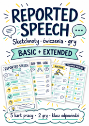 Reported Speech – sketchnoty Basic i Extended, karty pracy oraz gry gramatyczne