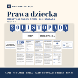 Gazetka na Międzynarodowy Dzień Praw Dziecka 20 listopada: napis, 10 plansz o prawach dziecka, hasła i karty do wycięcia, klasy 4-8