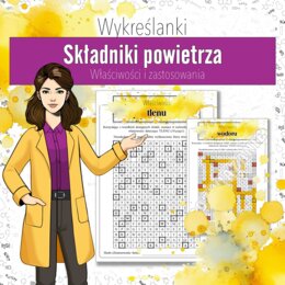 Składniki powietrza, chemia klasa 7 – Kreatywna karta pracy do druku | Właściwości i zastosowania gazów | Wykreślanka chemiczna