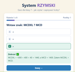 System rzymski. Klasa 7. Interaktywny quiz na komputer z podpowiedziami i wyjaśnieniami