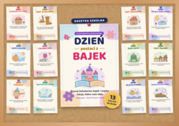 Dzień Postaci z Bajek – gazetka szkolna do druku | 13 kart A4 w stylu akwareli