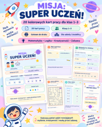 MISJA: SUPER UCZEŃ! – 20 kolorowych kart pracy dla klas 1–3