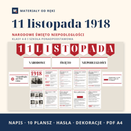 Gazetka na Narodowe Święto Niepodległości 11 listopada: napis, 10 plansz z archiwalnymi zdjęciami i osią czasu, klasy 4-8 i szkoła ponadpodstawowa