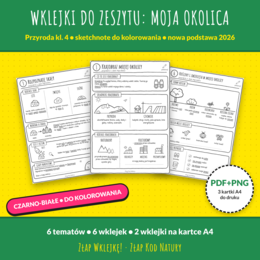 Wklejki do zeszytu „Moja okolica” – przyroda kl. 4 | sketchnote do kolorowania | nowa podstawa 2026 | PDF i PNG