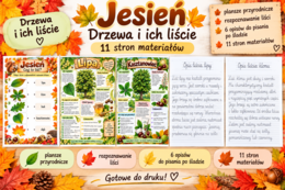 Jesień – OPIS - drzewa i liście | 5 plansz edukacyjnych, 5 opisów do pisania po śladzie + karta pracy