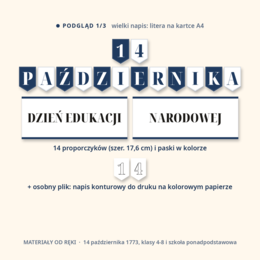 Gazetka na Dzień Edukacji Narodowej 14 października: napis, 10 plansz o Komisji Edukacji Narodowej z osią czasu, portretami i cytatami z Karty Nauczyciela, klasy 4-8 i szkoła ponadpodstawowa