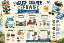 English Corner – CZERWIEC | Zestaw wymiennych kart do gazetki szkolnej | Dekoracja pracowni języka angielskiego PDF