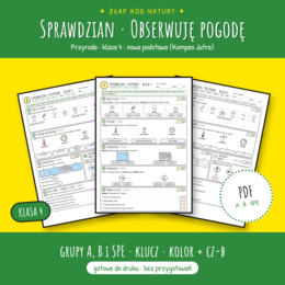Sprawdzian z przyrody kl. 4 – Obserwuję pogodę | Grupy A, B i SPE + klucz | Kolor i czarno-biały | Nowa podstawa 2026 (PDF)