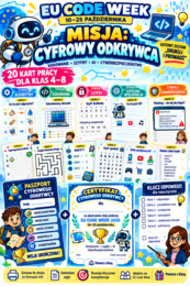 EU Code Week – „Misja: Cyfrowy Odkrywca” | 20 kart pracy + scenariusz + paszport + certyfikat | kl. 4–8