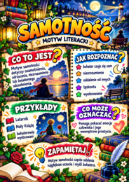 MOTYWY LITERACKIE – 12 kolorowych plansz edukacyjnych A4 | definicje, przykłady i najważniejsze cechy