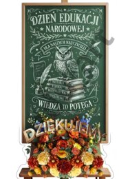 Wielki Plakat XXL na Dzień Edukacji Narodowej (36 stron A4) – Tablica Kredowa z Sową i Kwiatami (Dziękujemy / Wiedza to potęga)