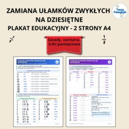 Zamiana Ułamków Zwykłych na Dziesiętne + Zasady+ Triki Pamięciowe. Plakat edukacyjny A4, klasy 5-8 i lieceum/technikum