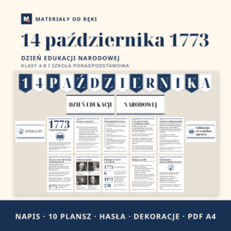 Gazetka na Dzień Edukacji Narodowej 14 października: napis, 10 plansz o Komisji Edukacji Narodowej z osią czasu, portretami i cytatami z Karty Nauczyciela, klasy 4-8 i szkoła ponadpodstawowa