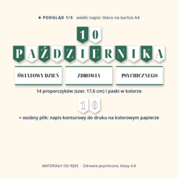Gazetka na Światowy Dzień Zdrowia Psychicznego 10 października: napis, 10 plansz o emocjach, stresie i szukaniu wsparcia, klasy 4-8