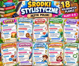 ŚRODKI STYLISTYCZNE – 18 kolorowych plansz edukacyjnych | Język polski | Klasy 4–8