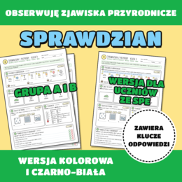 Sprawdzian z przyrody kl. 4 – Obserwuję zjawiska przyrodnicze (Nowa Podstawa Programowa) | Grupa A, B, SPE + Klucz | Sketchnote, wersja kolorowa i czarno-biała