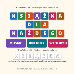Gazetka Miesiąc Bibliotek Szkolnych - Książka dla każdego, klasy 1-3: napis, 9 plansz o bibliotece i czytaniu, hasła i dekoracje