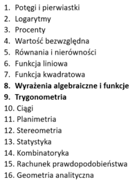 Przygotowanie do matury z matematyki - dział VIII, IX: Wyrażenia algebraiczne. Funkcja, Trygonometria