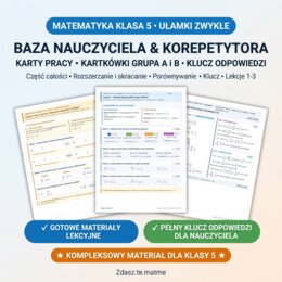 Ułamki Zwykłe Klasa 5 – Kompletny Pakiet: Karty Pracy (3 lekcje) + Kartkówka (Grupa A i B) z Kluczem Odpowiedzi