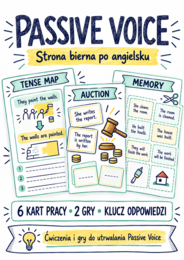 Passive Voice – strona bierna | 6 sketchnotes, 6 kart pracy, aukcja gramatyczna, memory i klucz odpowiedzi