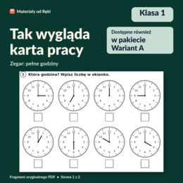 Zegar: pełne godziny - karta pracy z kluczem | Matematyka, klasa 1 | Wariant A