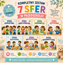 Piękny, kolorowy zestaw 8 plansz oznaczających sfery rozwoju w przedszkolu