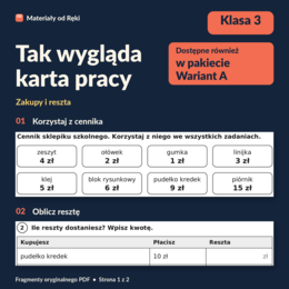 Obliczenia pieniężne: zakupy i reszta - karta pracy z kluczem | Matematyka, klasa 3 | Wariant A