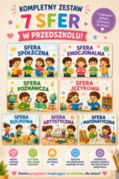 Piękny, kolorowy zestaw 8 plansz oznaczających sfery rozwoju w przedszkolu
